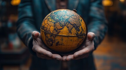 Fototapeta premium A finance businessman holds the world in his hand, pointing to Asia on a globe map, emphasizing business strategy.