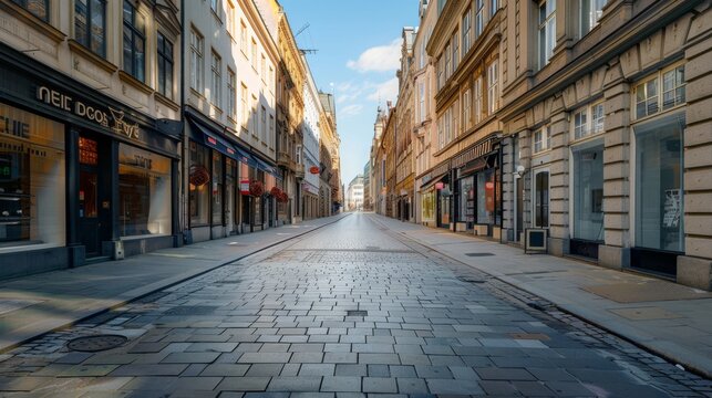 Fototapeta european city street, empty, one point perspective, photography, realistic 