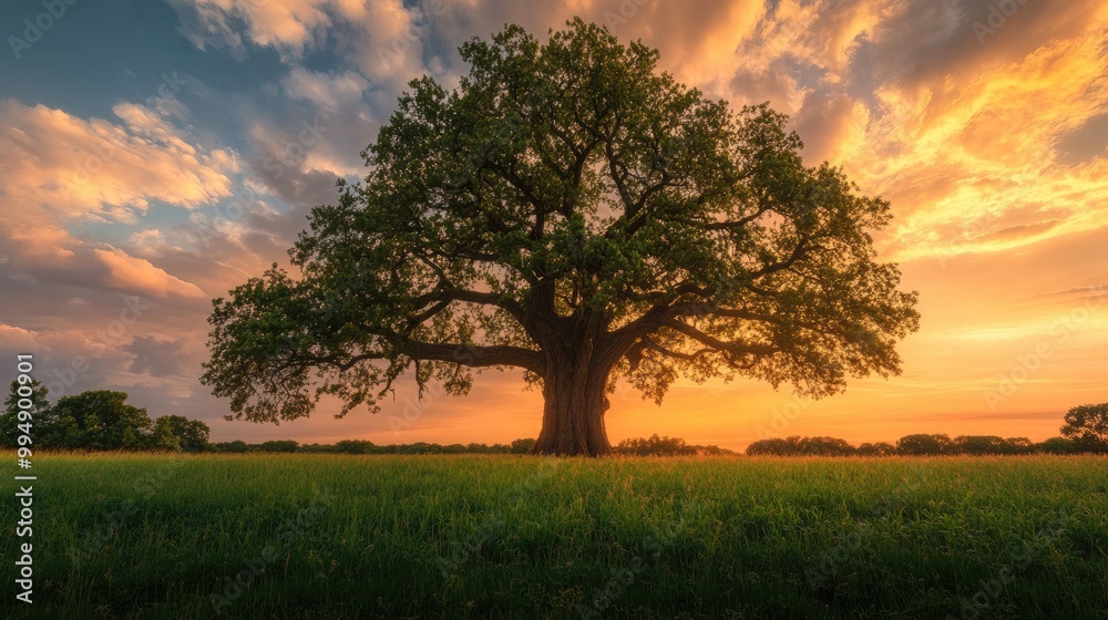 Wall mural grand old oak tree in a sprawling field, standing tall against a dramatic sunset sky.