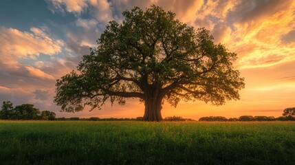 Fototapeta premium Grand old oak tree in a sprawling field, standing tall against a dramatic sunset sky.