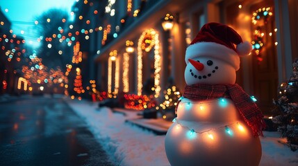 of a snowman in the front of an american mansion decorated with many colorful lights garlands with light decorations in front of the house, with Christmas lights 