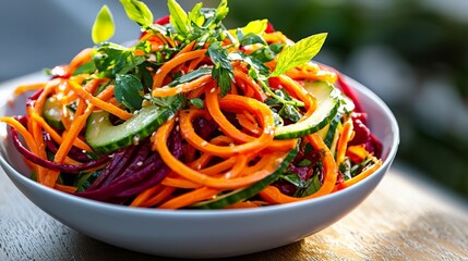 A colorful salad with spiralized carrots, beets, and cucumber, topped with fresh herbs and a light vinaigrette, placed in a sunlit garden setting