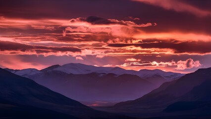 Vibrant sunset sky over a mountain range with glowing clouds