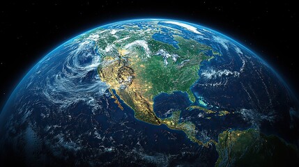 A satellite image focuses on North America's physical map, including the USA and Canada.