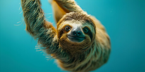 Fototapeta premium Curious Sloth Hangs Upside Down with a Gentle Smile Against a Blue Background
