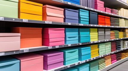 Fototapeta premium Rows of colorful boxes in a retail store, neatly stacked and organized on display shelves.