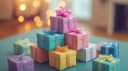 Obraz premium Small colorful gift boxes with ribbons arranged in a pyramid shape on a festive table.
