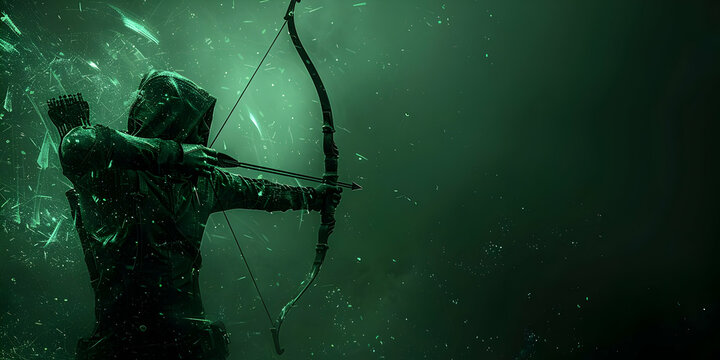 Skilled Archer Takes Aim with Bow and Arrow in Mystical Green Mist