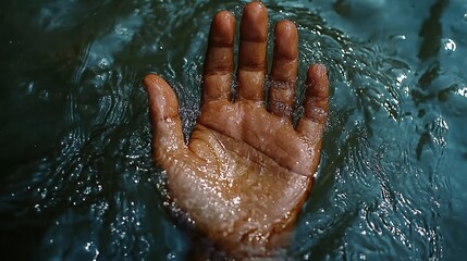 Fototapeta premium A single hand needing help, submerged in river water.