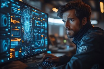  College student working on computer using AI artificial intelligence technology & machine learning. Interactive technology in classroom. Innovation & smart tech. AI blue holographic data in education