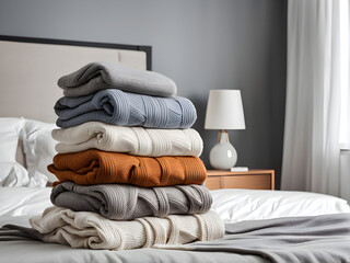 Stack of warm knitted sweaters on bed in modern bedroom