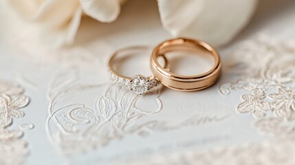 Wedding rings photographed on top of an elegant invitation, with soft pastel background hues.