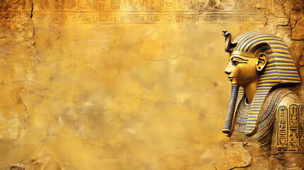 A golden yellow ancient egypt texture wallpaper background with a lot of empty blank copyspace. pharaoh in the right side. Ancient Egypt. Illustration