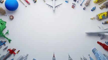 Fototapeta na wymiar A white background with a variety of toy airplanes and other objects