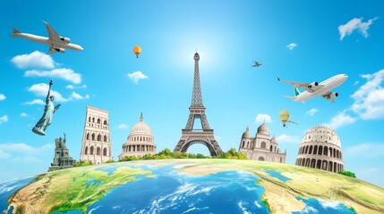 A colorful image of the world with a plane flying over the Eiffel Tower