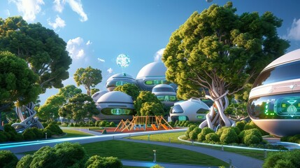 Hyperrealistic view of a futuristic park with robotic trees, advanced playgrounds, and holographic displays, blending nature and technology seamlessly