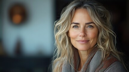 Fototapeta premium A smiling mature woman at the beach delights in the sunny weather, embodying a natural and relaxed lifestyle.