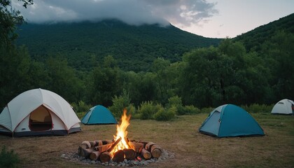 A campfire with a mountain in the background
42