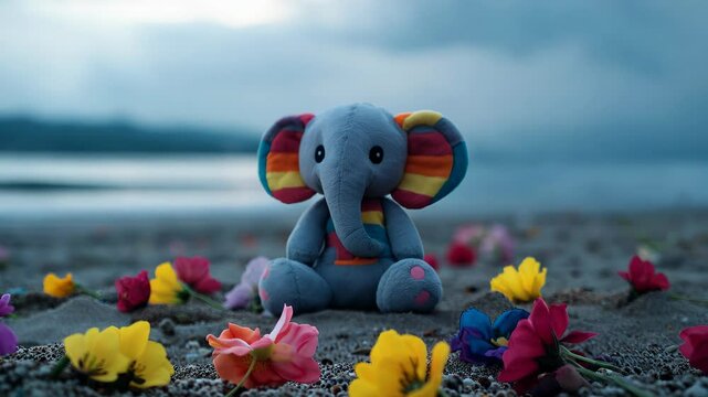 Sandy beach adorned with vibrant flowers. Multicolored stuffed elephant sits center stage, its large ears and expressive eyes drawing focus. Soft bokeh effect in background creates dreamy atmosphere. 