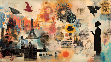 Fototapeta premium A mixed media collage featuring various symbols and imagery from different cultures celebrating the interconnectedness and richness of global traditions. Mixed Media Collage. Illustration