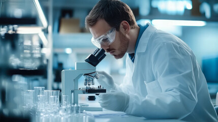 In a Modern Laboratory Two Scientists Conduct Experiments. Chief Research Scientist is Looking in a Microscope.