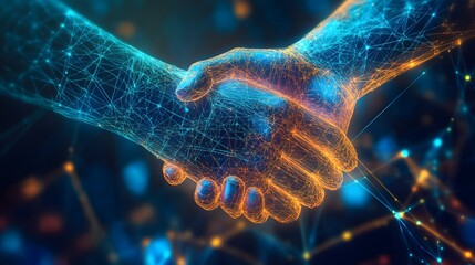 Imaginative visual business handshake with computer graphic of investment data . Futuristic business marketing and partnership deals . 3D Rendering. 
