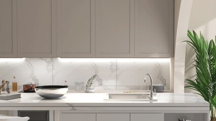 White marble kitchen island in modern, luxury kitchen with beige built in cabinet, cupboard in sunlight from window for interior design decoration, product background 3D