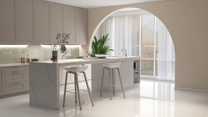 White marble kitchen island in modern, luxury kitchen with beige built in cabinet, cupboard in sunlight from arch window to cityscape view for interior design decoration, product background 3D