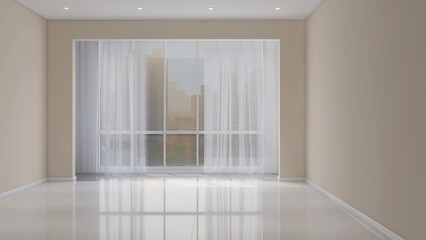 Empty apartment room with large window to cityscape view, white sheer, beige blackout curtain, concealed ceiling with downlight for interior design decoration, product background 3D