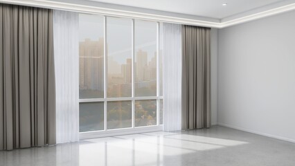 Empty apartment room with large window to cityscape view, white sheer, beige blackout curtain, concealed ceiling with downlight, hidden led light for interior design decoration, product background 3D