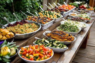 A fresh vegetarian buffet featuring grilled vegetables, stuffed peppers, quinoa salads, and an assortment of dips, beautifully arranged on a bright, rustic table