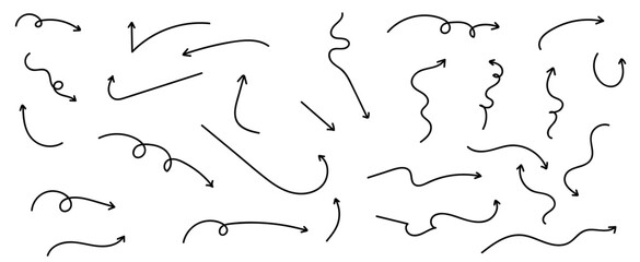 Set of black hand drawn grunge doodle spiral and curved charcoal, chalk arrows on white background. Scribble symbols of direction pointers, quirky twist zigzag line, spring coil, curve wave. vector