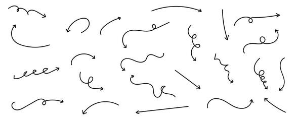 Set of black hand drawn grunge doodle spiral and curved charcoal, chalk arrows on white background. Scribble symbols of direction pointers, quirky twist zigzag line, spring coil, curve wave. vector