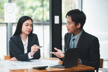 Two business professionals engaged in a discussion during a meeting in a modern office environment, with documents and a laptop on the table.