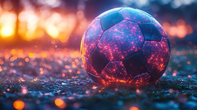 A soccer ball with a digital technology network glows on a neon-colored background, illustrating the fusion of sports and technology.