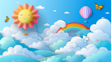 Beautiful fluffy clouds on blue sky background with summer sun