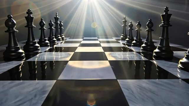 Strategic Masterpiece: Black chess pieces arranged on a gleaming marble chessboard, bathed in dramatic light rays, creating a powerful visual metaphor for strategy, planning, and calculated moves. 