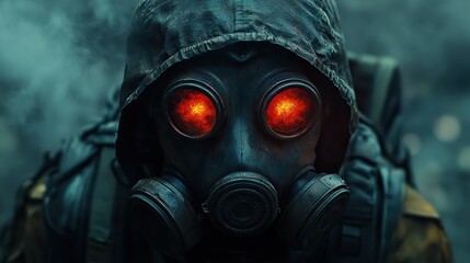 Fototapeta premium A soldier in a gas mask with red glowing eyes creates a dramatic and intense visual, suggesting a high-stakes scenario.
