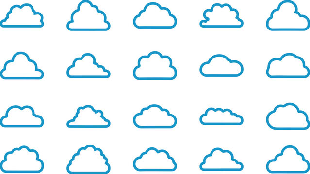 Cloud vector shape set, pack of vector cloud design, isolated white background, adjustable stroke EPS file, various shapes of clouds, cloud networking computing internet