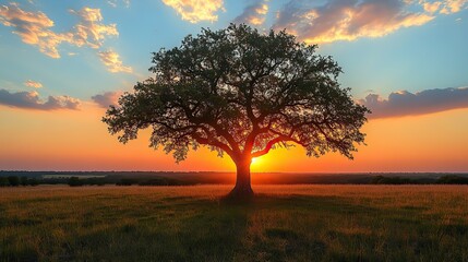 Obraz premium A solitary tree stands against the backdrop of a sunset over a peaceful field.