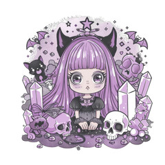 A cute, cartoon-style illustration of a girl with cat ears, surrounded by skulls, crystals, and bats.