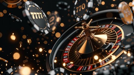 A close up of a roulette wheel with a pile of chips on top of it