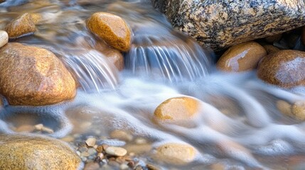 Fototapeta premium Smooth River Water Flowing Over Smooth Stones