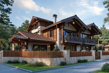 luxury classic brown chalet house with elegant wooden fence house 