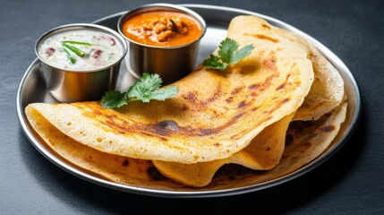 A plate of Indian dosa served with coconut chutney and sambar, placed on a stainless steel platter, ready to be eaten