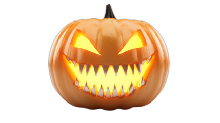 A glowing jack-o-lantern with sharp teeth isolated on a plain white background