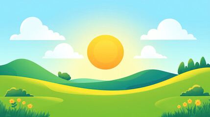 Obraz premium Cartoon-style illustration of a beautiful sunny day with a blue sky, white clouds, and rolling green hills