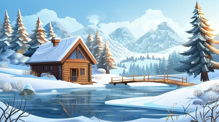Fototapeta premium Winter Wonderland: Cartoon Vector Illustration of a Wooden Cabin on the Shore of a Lake or River with a Bridge