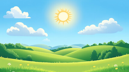 Obraz premium Cartoon-style illustration of a beautiful sunny day with a blue sky, white clouds, and rolling green hills