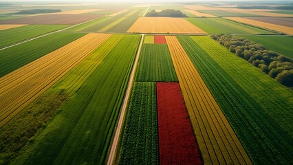 Obraz premium Aerial view of vast agricultural fields showcasing a patchwork of different crops. The expansive landscape highlights the beauty and scale of modern farming practices.